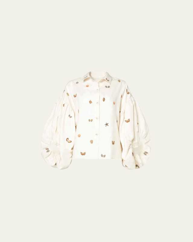 Agar Embroidered Linen Puff-Sleeve Blouse